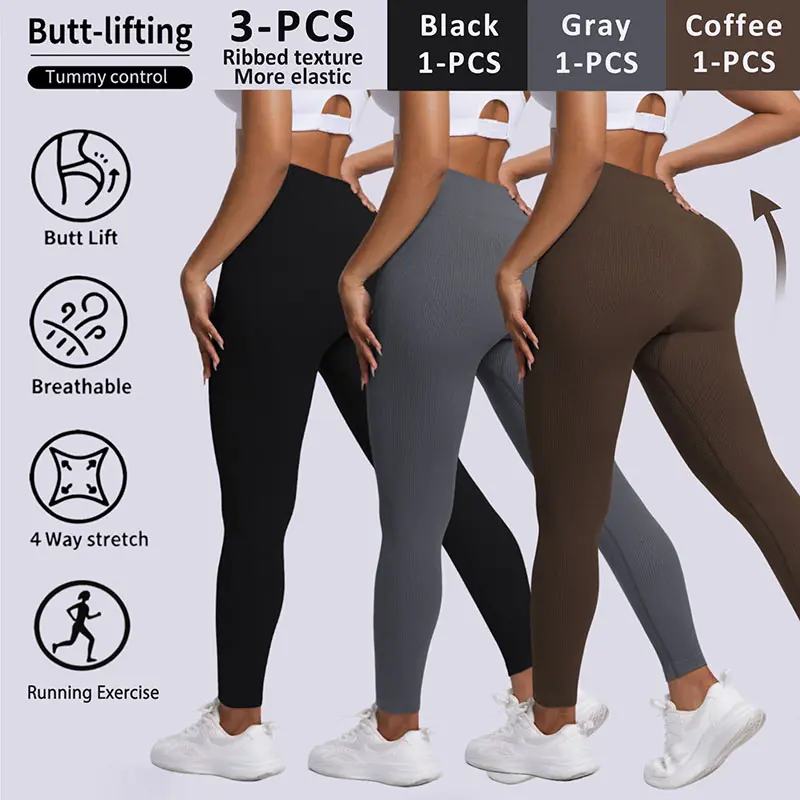 Women's Activewear Set, 3-Piece Ribbed Seamless Outfit, High Waist Butt-Lifting Tummy Control Leggings for Yoga and Gym, Women's Clothes