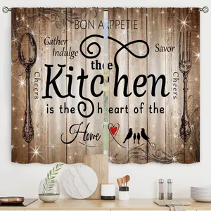 Brown Black Kitchen Curtains Short Small Farmhouse Retro Rustic Country Fork and Spoon Wood Board Vintage Rod Pocket Funny Quotes Bedroom Living Room Treatment Fabric 2 Panels 27.5Wx39H Inch