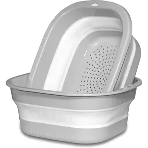 Collapsible Dish Basin with Colander, Foldable 2-in-1 Dish Pan and Strainer Set with Drain Holes, Portable Wash Basin for Kitchen Sink, Camping, Travel & RV (Grey)