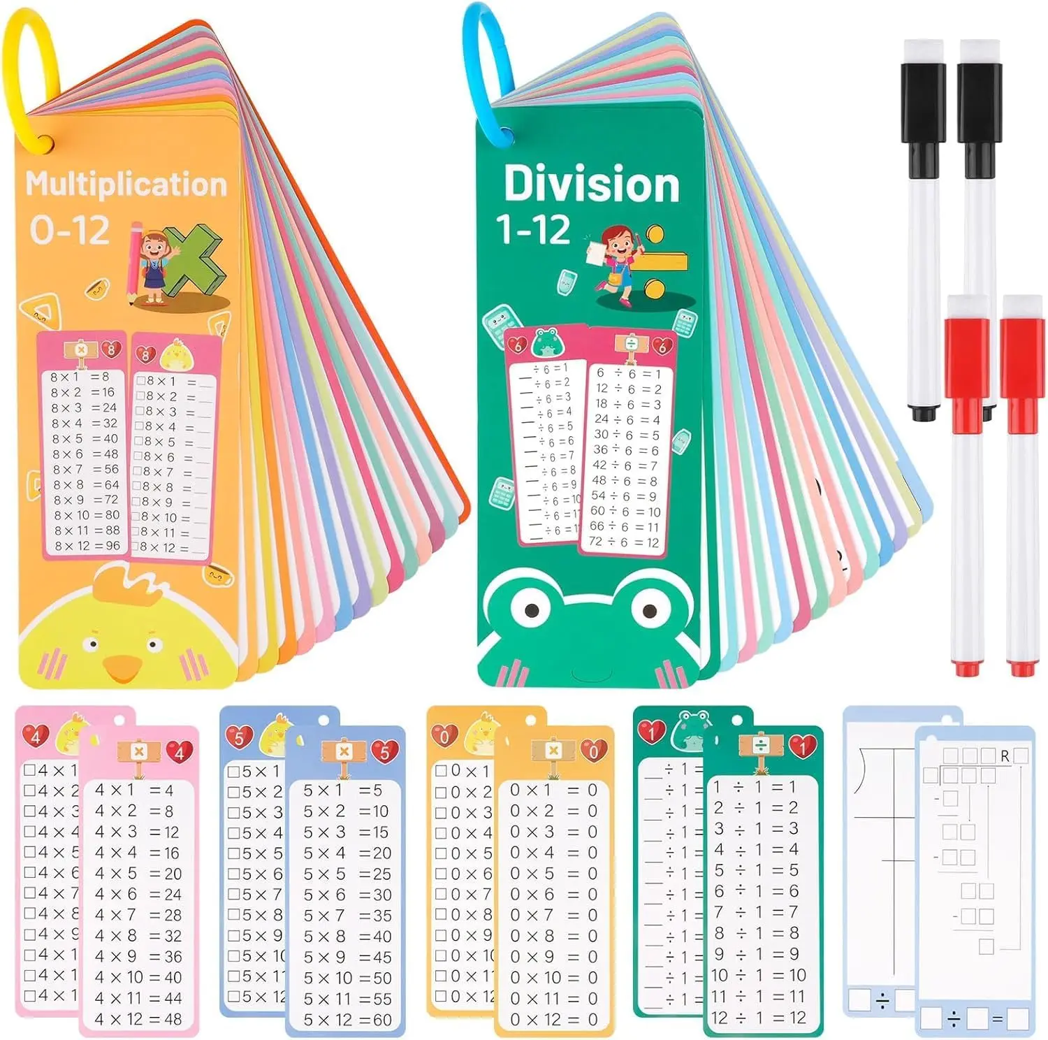 Multiplication and Division Flash Cards 30 Pcs, 0-12 Math Flash Cards with 4 Dry Erase Pens 2 Rings, Educational Time Table Flash Card for 1st-3rd Graders Multiplication Game