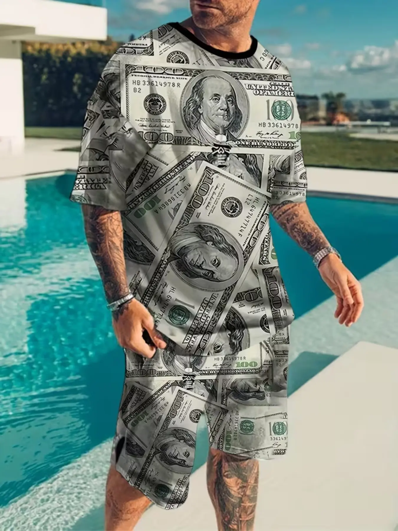 Men's New 3D Digital Print Comfortable Breathable Fabric Menswear Casual Sports Set, shorts set tracksuits, Fitted Crop Tee, Short Sleeve Track Shorts, Geometric Pattern, Clothes