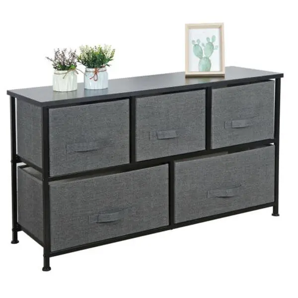 5-Drawer Wide Cupboard Storage Tower Organizer - Minimal Modern Design, Stable Metal Frame, 5 Foldable Cloth Cubes, Adjustable Legs, Easy Setup for Closet, Nursery Use
