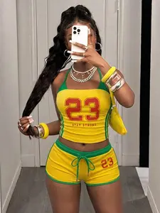 Women's Brazilian Color Set, Digital Print, Sleeveless Halter Neck Top and Adjustable Drawstring Shorts, Youth Student College Style, Casual Fashion, Womenswear, Clothes
