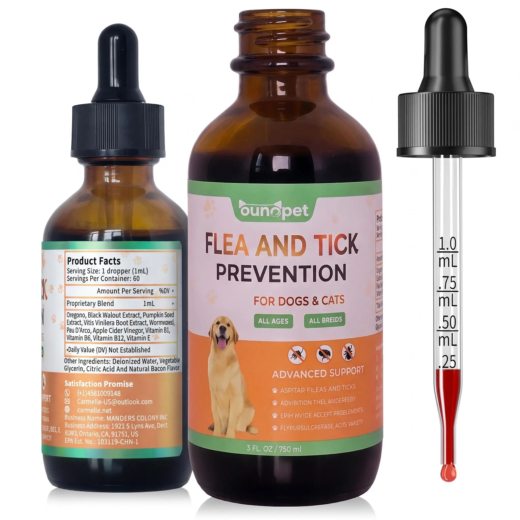 Flea & Tick Support Drops for Dogs & Cats Natural Liquid Formula with Vitamins Bacon Flavor All Breeds & Ages Kittens