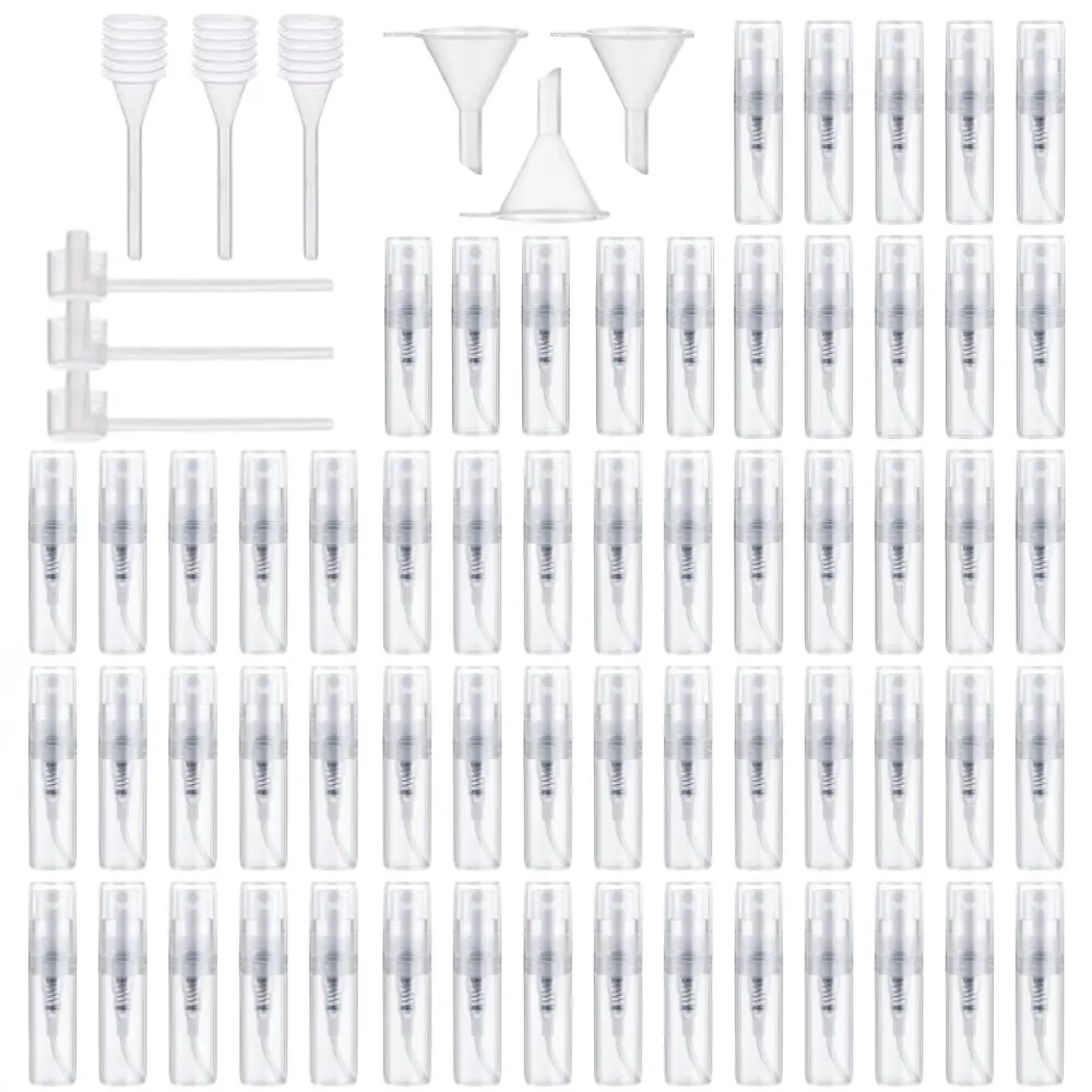 69-Piece Makeup & Cosmetic Tool Kit, Compact 2ml Mini Refillable Plastic Cosmetic Perfume Atomizers Multi-Pack, Portable Travel Sprayers with Dispensing & Fill Tools
