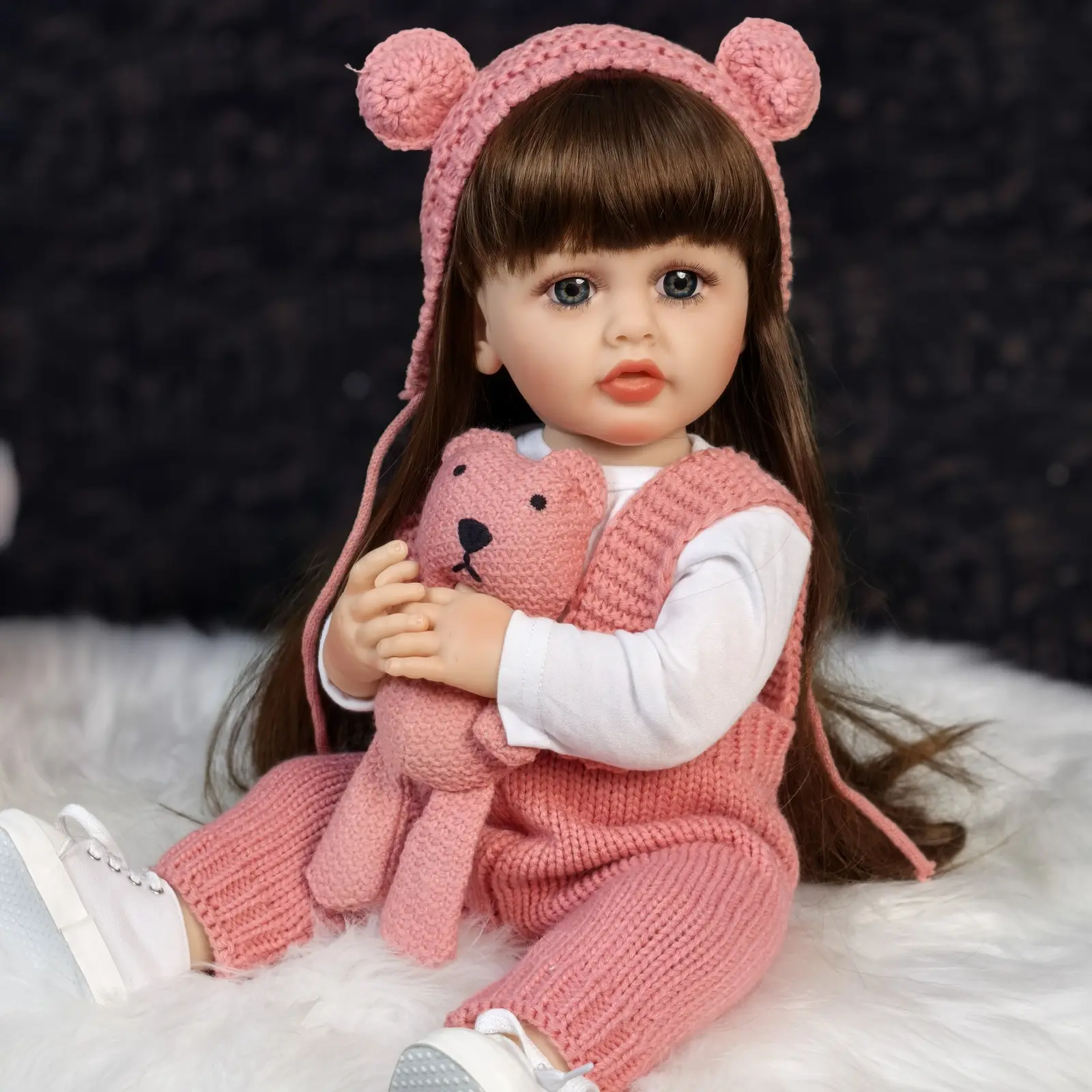 KEIUMI 22-Inch (55cm) Silicone Vinyl Realistic Soft Reborn Baby Doll - Cute Newborn Doll, Long Brown Hair Princess-Style Girl Toy with Realistic Eyes, Milk Bottle, Diaper, Kids Toys for 3+ (Birthdays, Christmas)