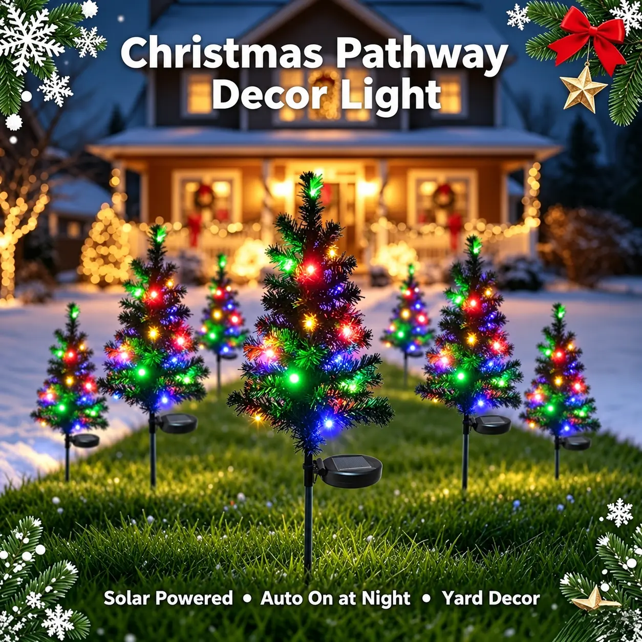 4-Piece Solar Energy-Saving Christmas Tree Decorative Lights, IP65 Waterproof Outdoor Garden Lights, Auto-On at Night, Fake Green Plant Accents, Yule Aesthetic Outdoor Holiday Decorations for Festive Yard Displays