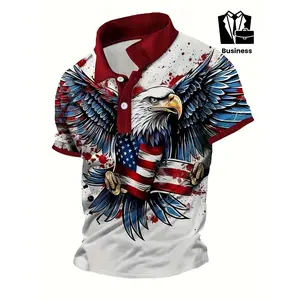 Summer men's POLO, American flag eagle print short sleeve golf shirt, business casual short sleeve polo comfortable polyester men's polo top clothing