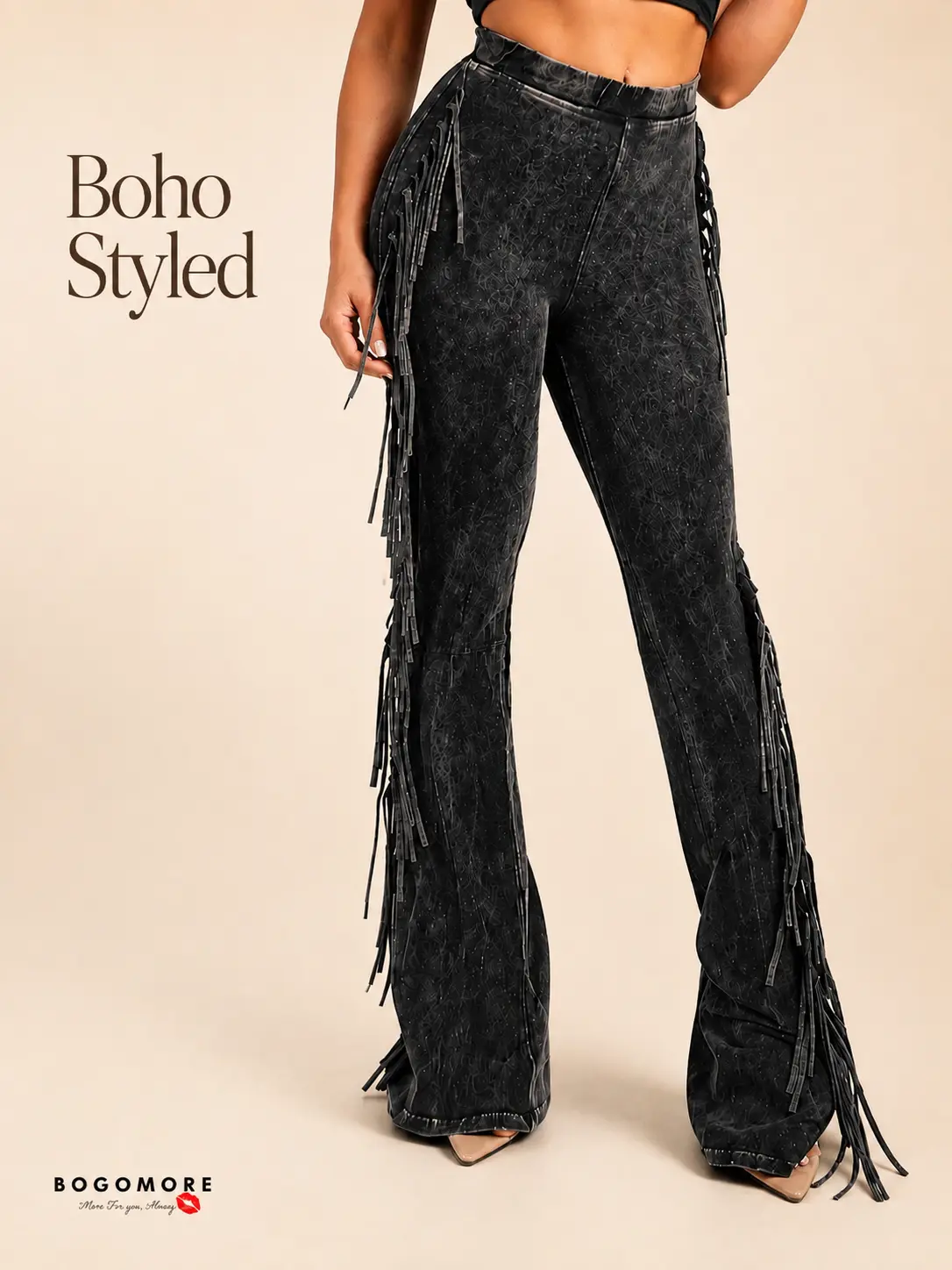 BOGOMORE Women's Soft Fringe-Detailed Mineral Washed Cotton Bottoms - Elastic Design, Flared Side Detail, Comfy Streetwear Pants for Western Festival Outfits, Boho Women's Clothes
