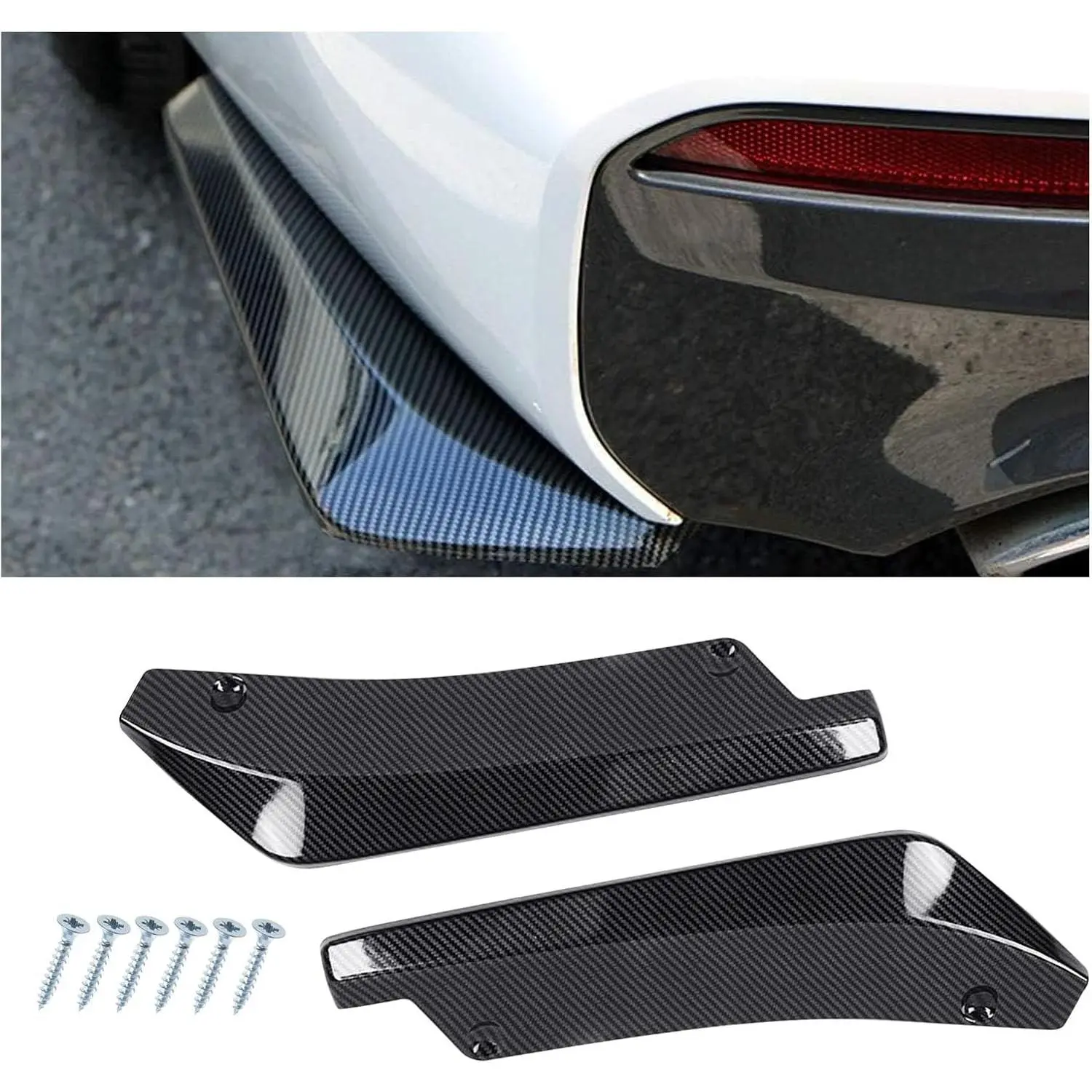 Universal Fit Car Rear Spoiler - Glossy Carbon Fiber Finish Plastic Rear Bumper Canard Diffuser Anti-Crash Lip, Aero Stabilizer Exterior Crash Proof Body Kit Accessory with Double-Sided Tape, Screws & Bolts