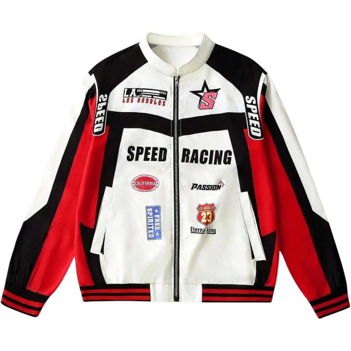 GORGLITTER Men's Varsity Bomber Jacket Y2K Graphic Zip Up Racer Jackets Color Block Motorcycle Biker Coats Streetwear