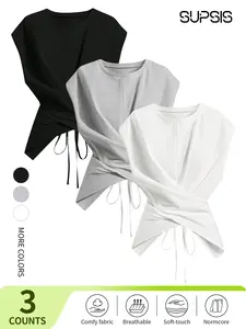 Women's Knitted Round Neck Drop Shoulder Sleeve T-Shirt, Knitwear, Fashion Casual Basic Asymmetrical Ruched Cross Cutout Back Tie Top,Spring&Summer break outfit idea,tiktokmademebuyit, Tshirt