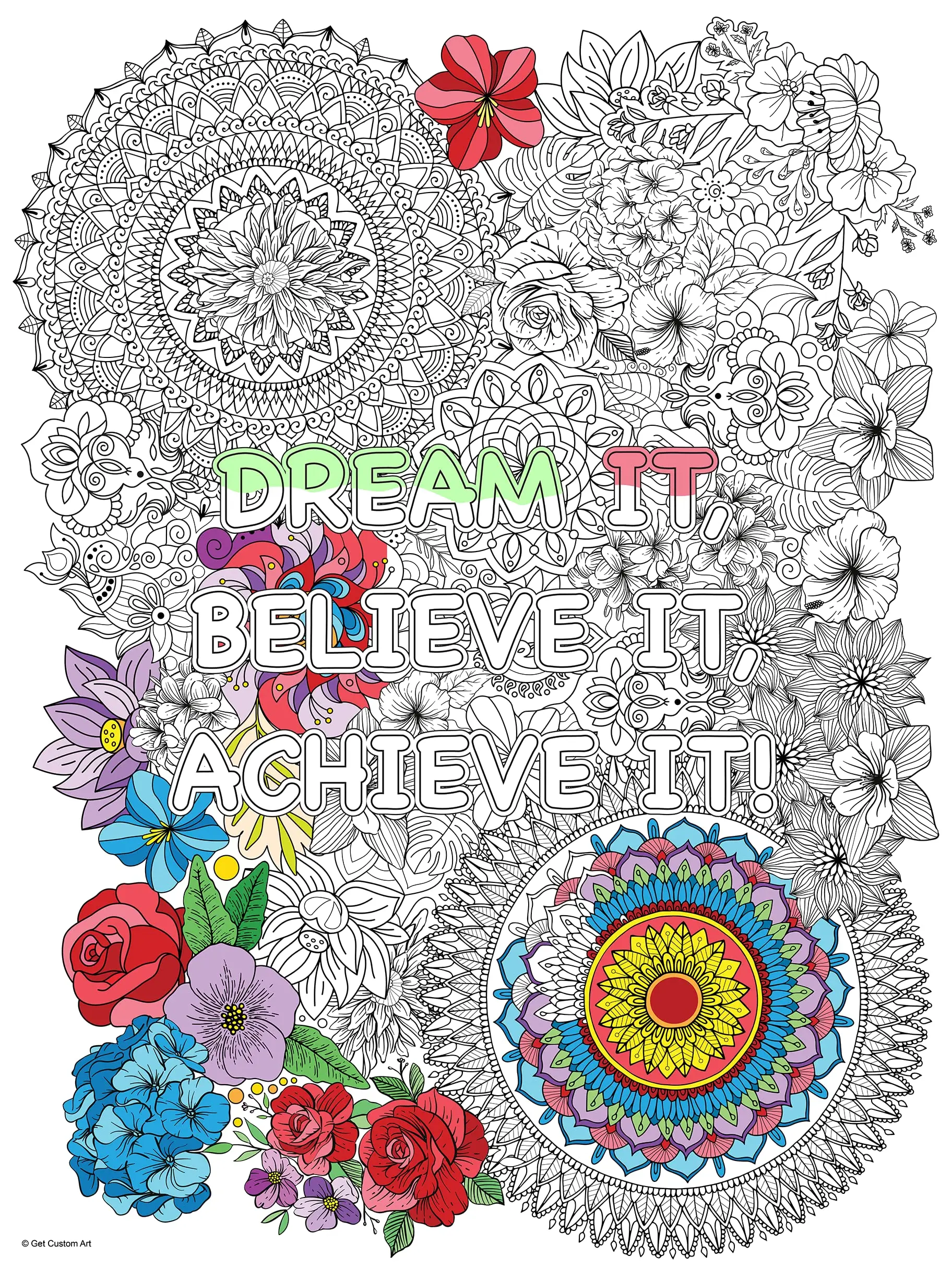 Large Inspirational Motivational Quote "Dream It, Believe It, Achieve It" Coloring Poster – Detailed Background for Adult Coloring, Stress Relief, and DIY Home Decor