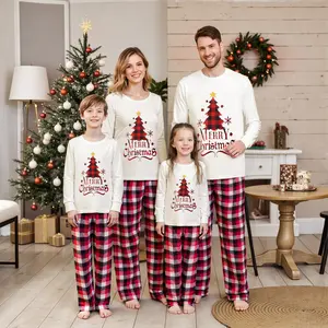 Merry Christmas Family Matching Christmas Pajama Set 2Piece Clothes Christmas Tree Print Long Sleeve Tee Top + Plaid Pants Set Holiday Sleepwear Loungewear Xmas Home Gathering Outfits