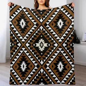 Navajo Southwestern Tribal Fleece Blanket, Aztec Geometric Print Soft Cozy Throw, Brown Black Boho Western Home Decor Gift for Couch Bed
