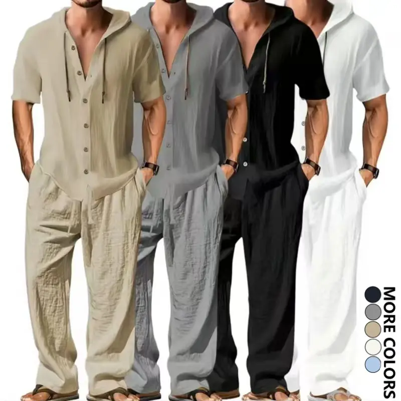 Life Keeps Moving Men’s Short-Sleeve Linen Set — New Breathable Hooded Shirt & Pants Outfit for Spring/Summer/Autumn Outdoor Casual Hiking Beach Sports, Woven Texture Vacation Style