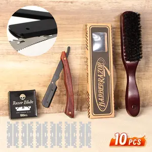 Professional Razor Set, 10pcs/set Wooden Razor Handle & Blade & Blade Protector & Brush & Box, Safety Razor Set for Men, Daily Use Razor Set for Barber Shop and Personal Grooming, Shaving Razors