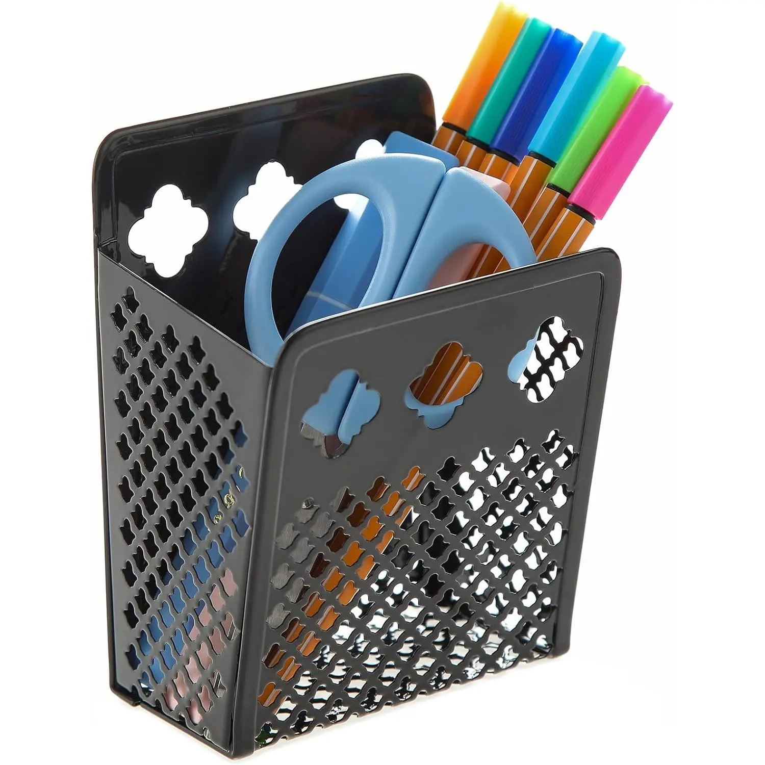 Magnetic Pen Holder, Mesh Metal Strong Magnet Dry Erase Marker Holder Pencil Organizer Small Items Basket for Refrigerator, Whiteboard, Locker Accessories-Black