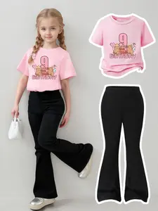 Girls' 2pc Set, 'six Seven' Print Tee & Bell Pants, Casual Short Sleeve Top, Comfortable Round Neck, All-Season Fashion
