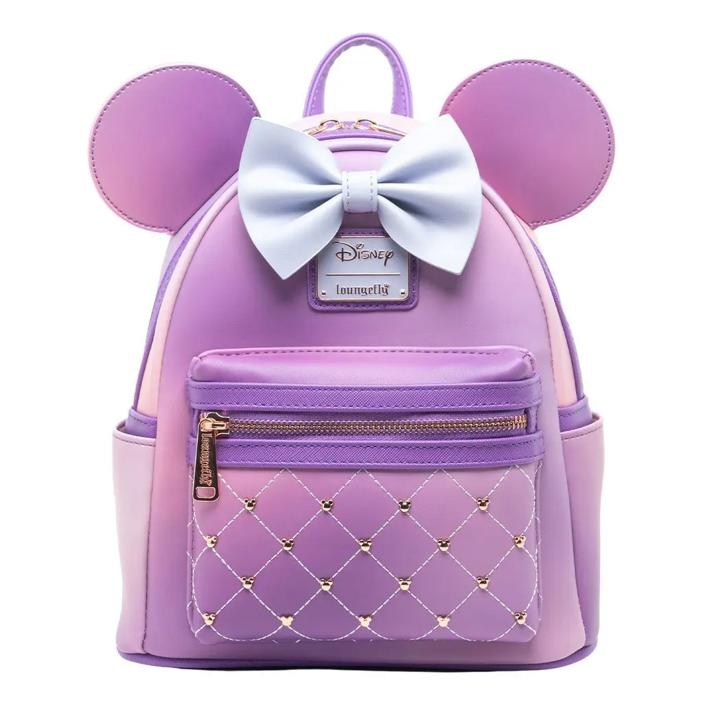Loungefly Disney Minnie Mouse Classic Series Mini Backpack, Lavender Haze Quilted Faux Leather with 3D Periwinkle Bow and Adjustable Strap, Everyday Carry, Quilted Bow, Adults, Casual Daypack Backpacks, Cartoon Character, Basic, Soft Shell, Rectangle, 3D,
