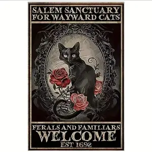 Salem Sanctuary For Wayward Cats Halloween Black Cat Halloween Decor Cat Lover Metal Signs Vintage Poster Home Bedroom Wall Art Gift 8x12 Inches