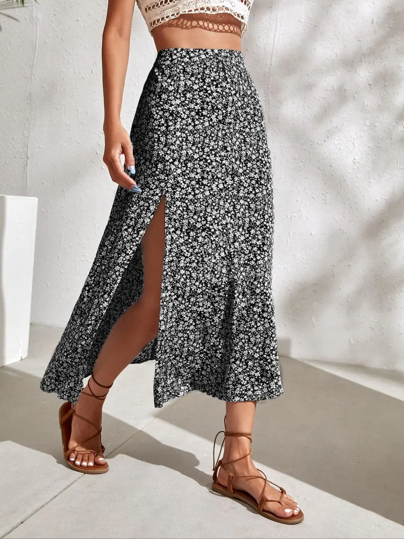 Women's Ditsy Floral Print Split Thigh A Line Skirt, Boho Bohemian Casual High Waist Midi Skirt, Boho Skirts for Beach Holiday Vacation, Summer Outfits 2024, Ladies Summer Clothes, Womenswear Bottom