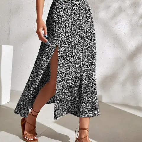 Women's Ditsy Floral Print Split Thigh A Line Skirt, Boho Bohemian Casual High Waist Midi Skirt, Boho Skirts for Beach Holiday Vacation, Summer Outfits 2024, Ladies Summer Clothes, Womenswear Bottom