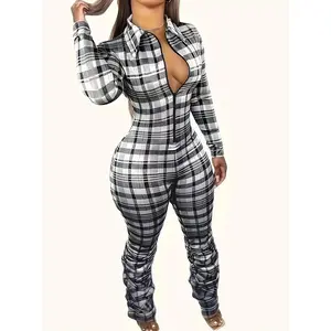 Cozy Plaid Pattern Long Sleeve Lapel Collar Zip Front Jumpsuit Soft Mid Elasticity Polyester Unitard for Women Machine Washable All Seasons Overalls