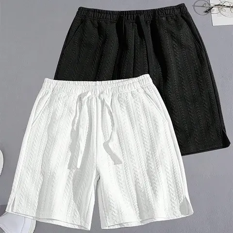 Men's Solid Color Jacquard Drawstring Waist Shorts, Regular Fit Casual Comfy Breathable Shorts for Summer, Men's Bottoms for Daily Wear