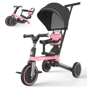 besrey Toddler Tricycle with Parent Steering Push Handle, Removable Pedals, for 1-3 Years Old, Foldable Kids Push Trike, Updated Version 2.0 Pink Portable