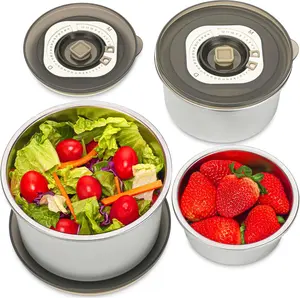 EVERUSELY Vacuum Sealed Food Containers Set of 3 Stainless Steel Metal Lunch Storage with Translucent Lids Leakproof Food Grade Fridge Freezer Kitchen Nesting Bowls