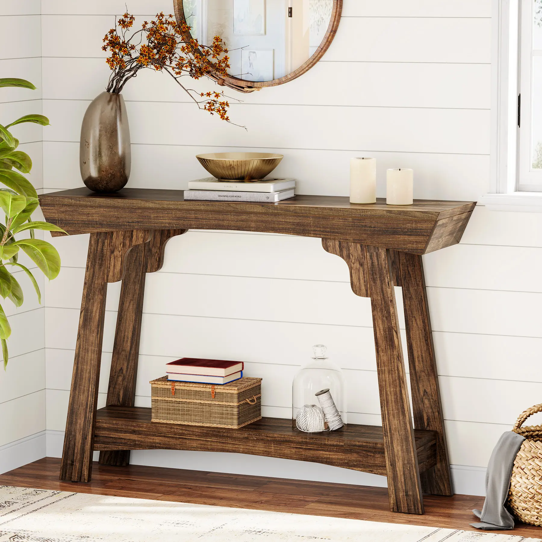 LITTLE TREE 41.3" Wood Console Table, 2-Tier Entryway Table with Storage Shelf, Farmhouse Narrow Sofa Table Behind Couch for Living Room, Foyer, Hallway