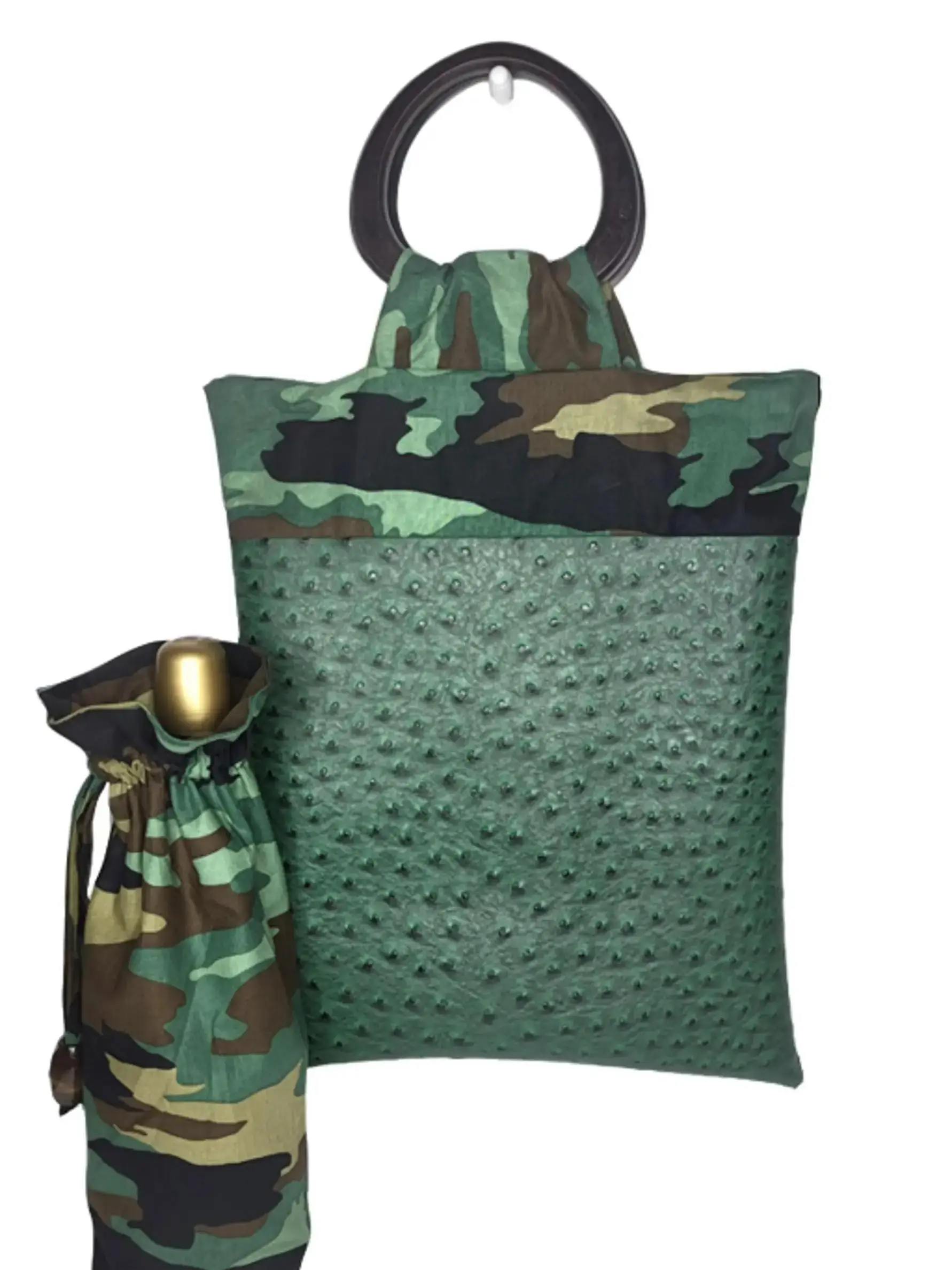 Camouflage Green with Ostrich Leather Handbag, and Matching Bottle Cover