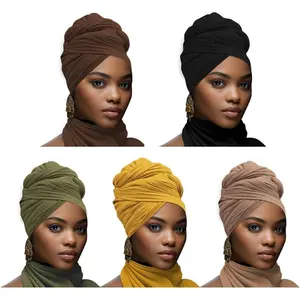 5 count headwraps for black wome Stretch Jersey Turban Black Women  Hair Wraps Breathable Super soft and long (Black, brown, brown, green, yellow)