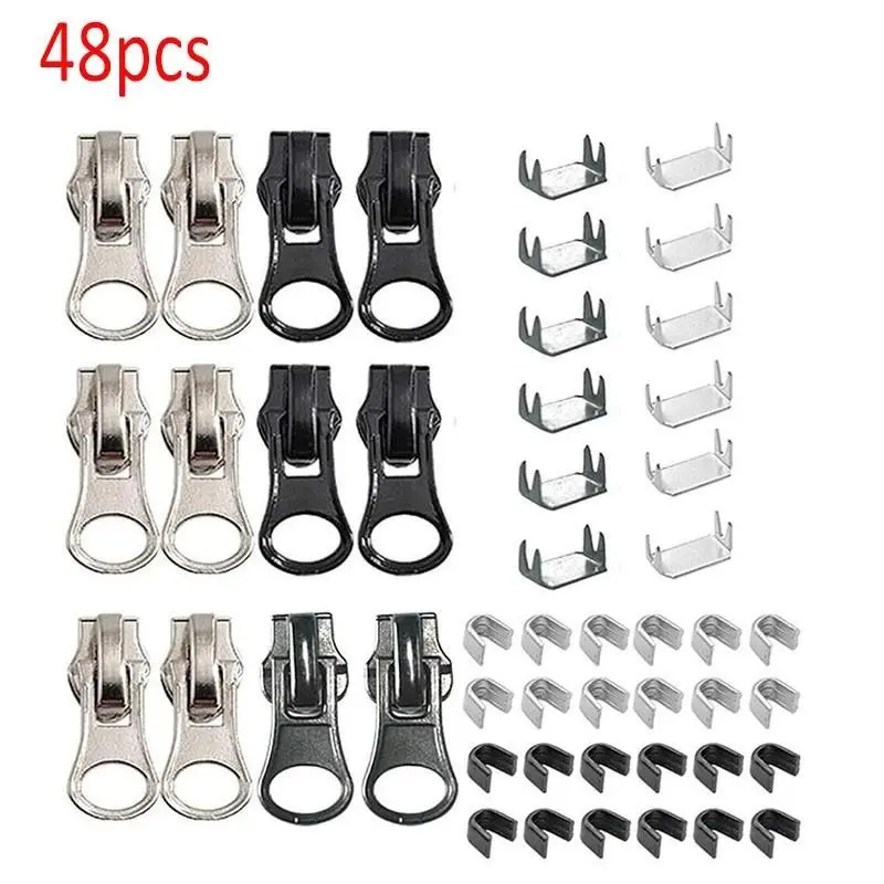 A set of 48 quick-release zipper repair kits featuring Durable easy-to-replace sliders, fixed double-zipper pull heads, and suitable for various sizes of zippers used in clothing, luggage, backpacks, and more.
