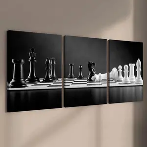 Wooden Framed Canvas Chessboard Pattern Wall Art, 3 Counts Modern Art Chess Game Decorative Painting, Wall Decor for Home Living Room Bedroom Office