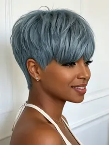 Short Grey Straight Premium Human Hair Pixie Cut Wig for Women 613/Grey Color