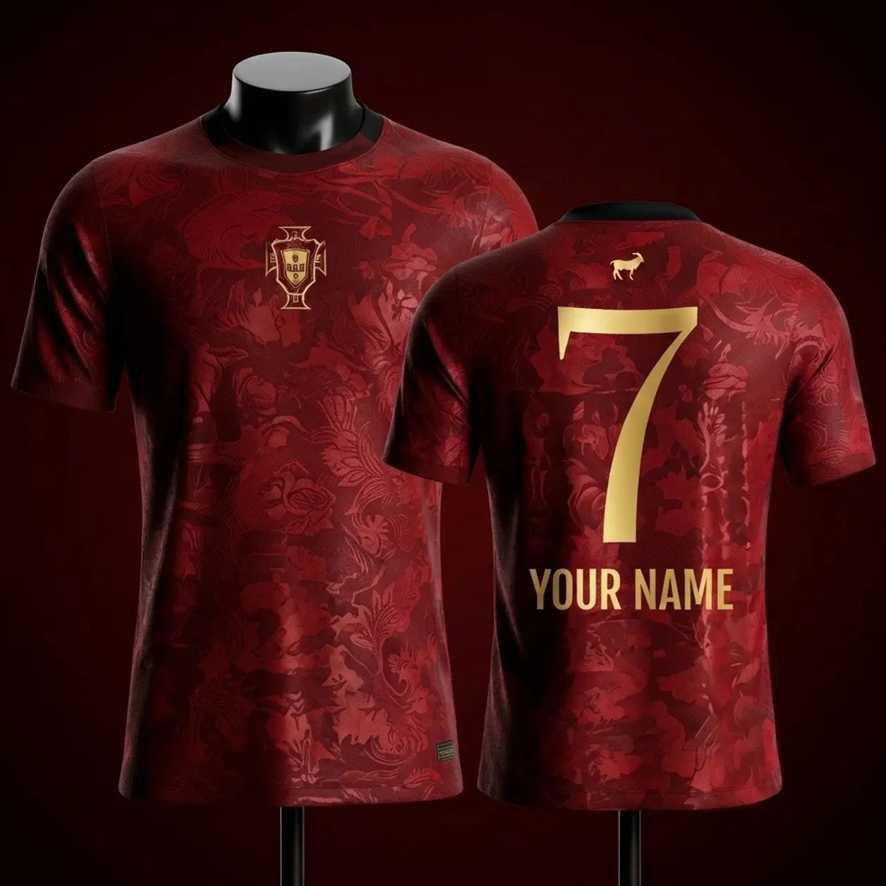 Custom Name GOAT CR7 Red Gold Soccer Jersey Performance Football Shirt Breathable Athletic Match Day Fan Gear