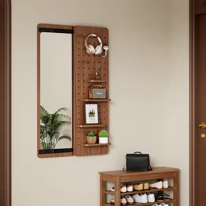 [Bellemave]Wall Mounted Full Length Mirror, Full Body Mirror with Shelf, Full Body Mirror with Hook Wall Mounted Mirror with Multifunctional Design Panel, Bedroom/Living Room/Entrance Walnut (47.6*15.7in)