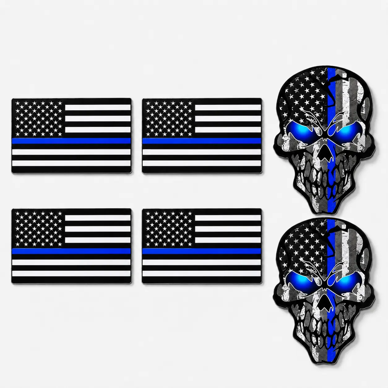 6-Pack Thin, Long-Wearing, Abrasion-Resistant Decorative Blue Line Flag & Skull PVC Car Stickers - Waterproof Peel-Off Figure Accessories for Trucks, Motorcycles, Great Gift for Vehicle Customization