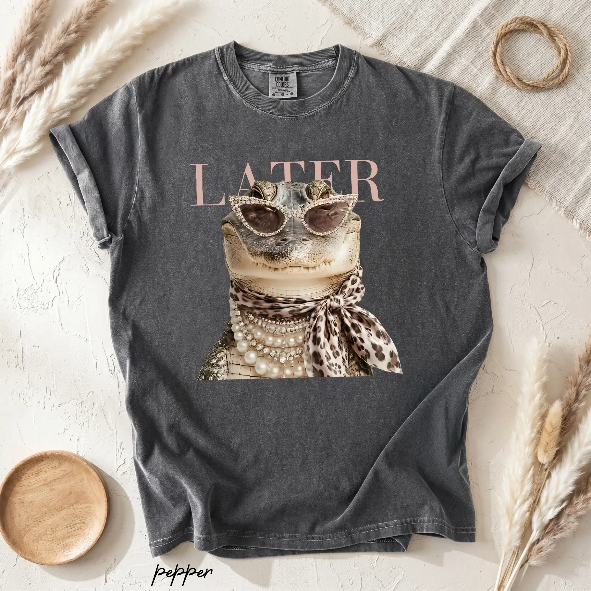 Comfort Colors Later Alligator T-Shirt, Funny Glam Crocodile Graphic Tee, Sunglasses Pearl Scarf Shirt, Coquette Animal Top, Gift for Women