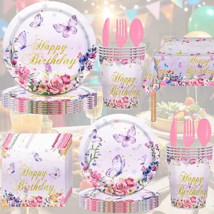 133-piece birthday party set - 9-piece eco-friendly tableware set for 16 people, disposable tablecloths/cups, plates/knives and forks with a theme of colorful butterflies and flowers, essential for festival celebrations