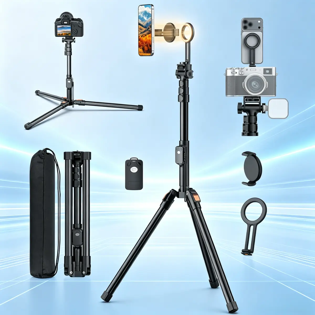 Magnetic Phone Tripod with Remote & Magnetic Clip for Mag-safe,Camera Tripod Stand,Tripod for Phone Camera with Cold Shoe,Compact Phone Tripod for iPhone/Android,Digital Camera Accessory Kits