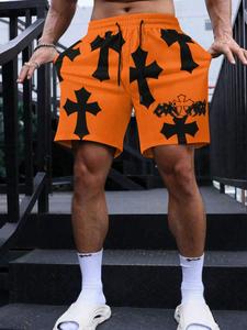 men's regular fit cross print shorts, casual comfy breathable quick drying shorts for daily outdoor wear, men bottoms for summer