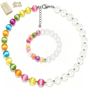 UV Rainbow Beaded Jewelry Set Color-Changing Dopamine Necklace and Bracelet Adjustable for Summer outdoorfun