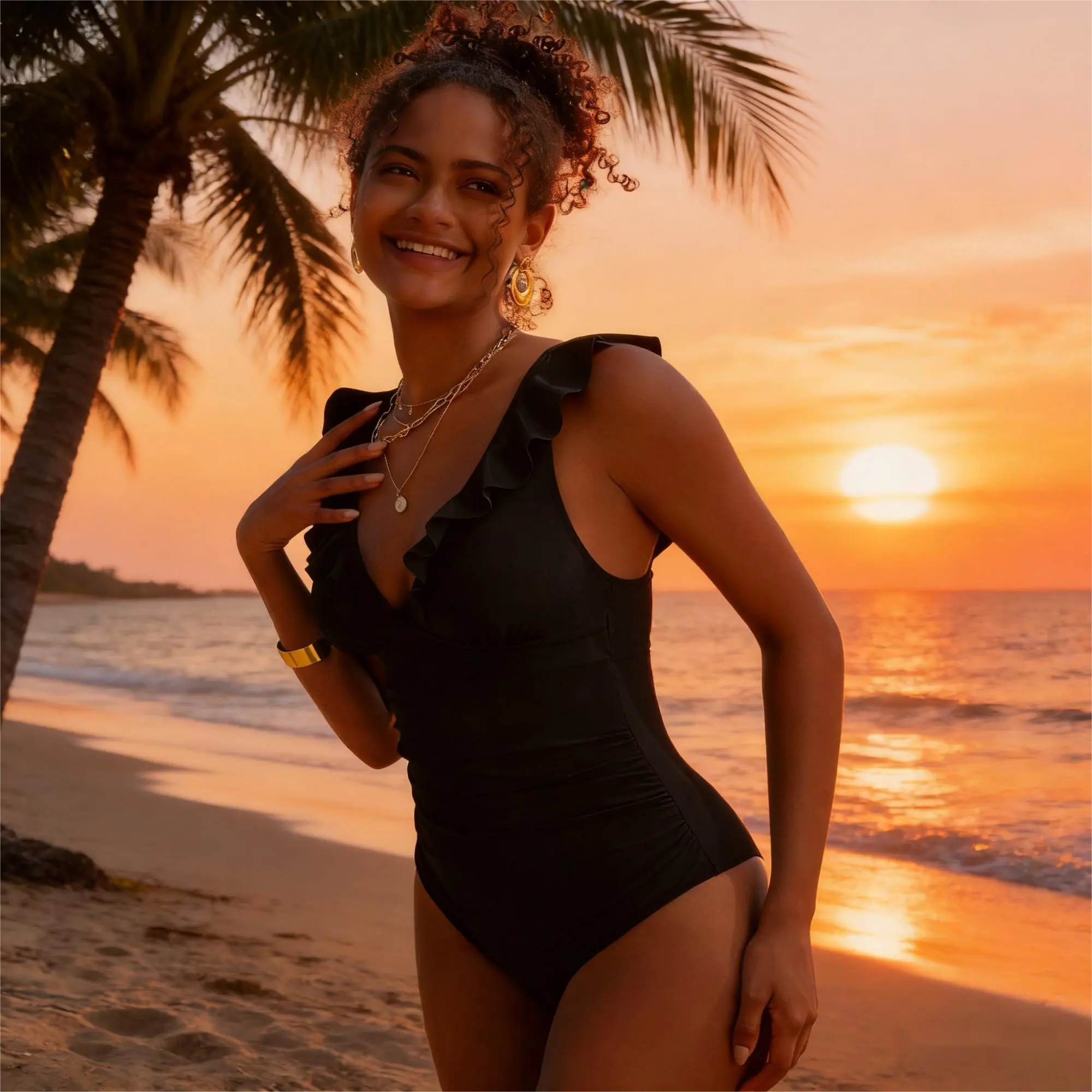Women’s Solid Color Ruffled One-Piece Swimsuit Simple Stylish Design Flattering Lightweight Swimwear Perfect for Summer Beach Vacations, Pool Days & Tropical Getaways