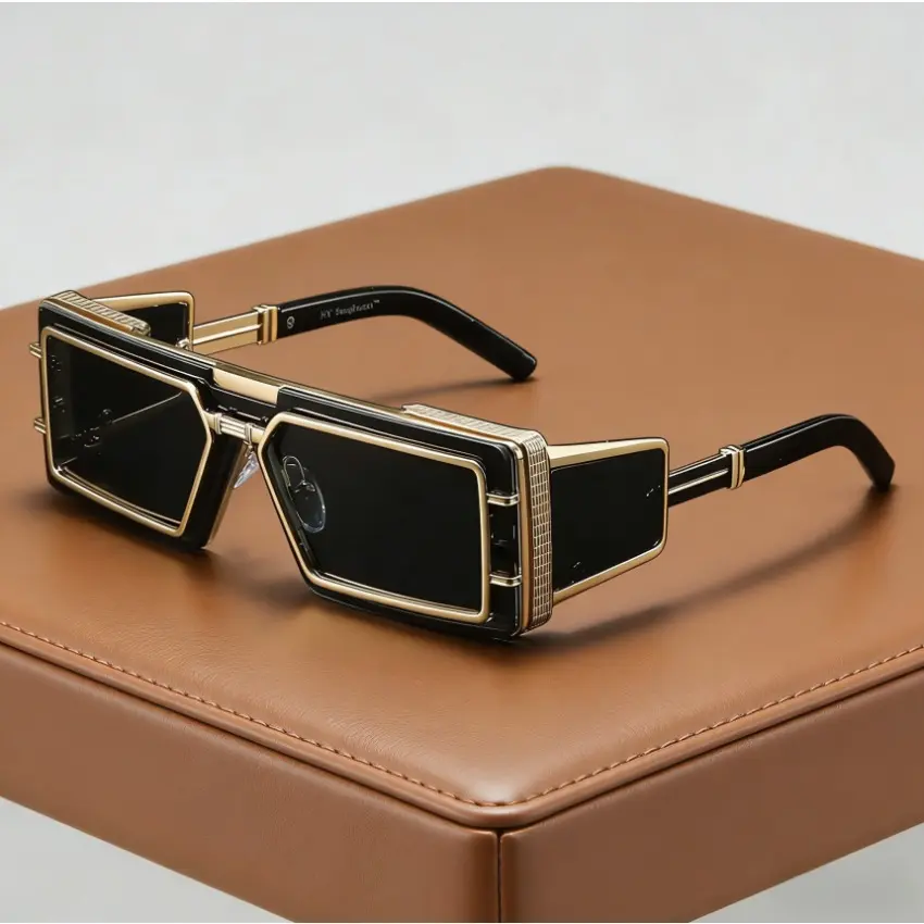 Futuristic Glam Unisex Sunglasses for Adults - Gold Lightweight Metal Frame with Cut Out Accents, Reflective UV400 Lenses, Flexible Hinge, Geometric Square Oversized Dark Bold Polished Finish, UV400 Sun Protection for Festivals