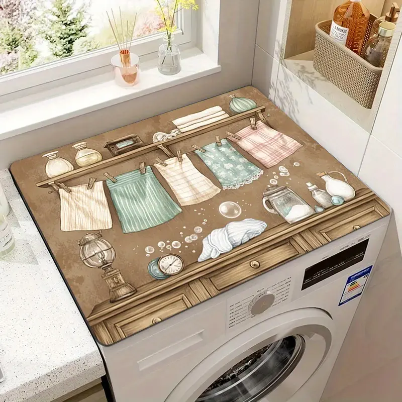 1pc Vintage Polyester Appliance Top Cover - 3mm Thick, Full-Width, Single-Sided Printing, Black Rubber Anti-Slip Base, Quickdry Moisture Absorbent, Lightweight, Durable, Anti-Scratch, Dustproof Home Decoration Mat for Front-Load Washer, Refrigerator, Vint