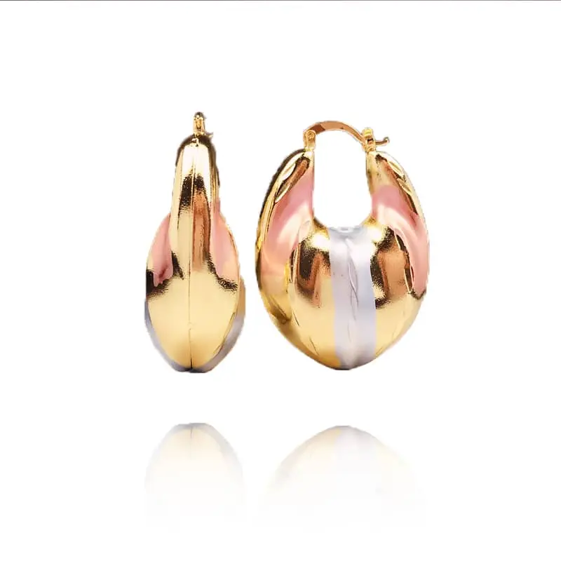 18k Layered Real Gold Filled oval bamboo hoop earrings tri colors #62, Earrings Jewelry, Statement Earrings