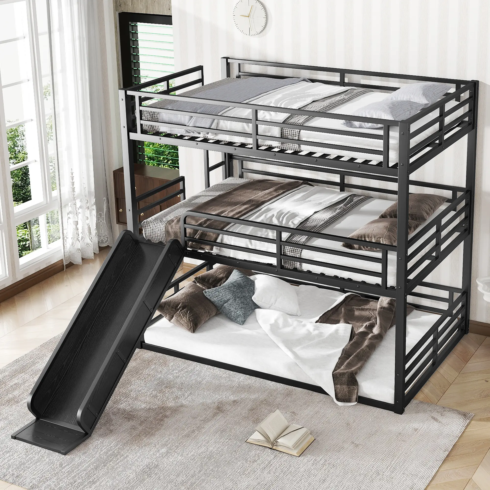 Bunk Bed with Slide, Metal Triple Bunk Bed with Safety Guardrails, Heavy-duty Bunk Bed with Noise-reduced Design,